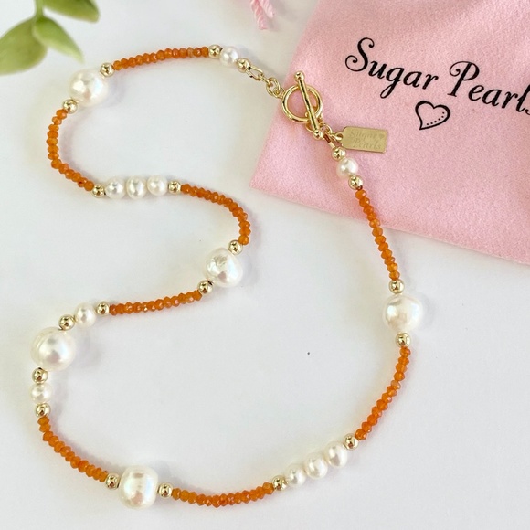 Sugar Pearls Jewelry - Freshwater Pearl, Carnelian & 14K Gold Necklace